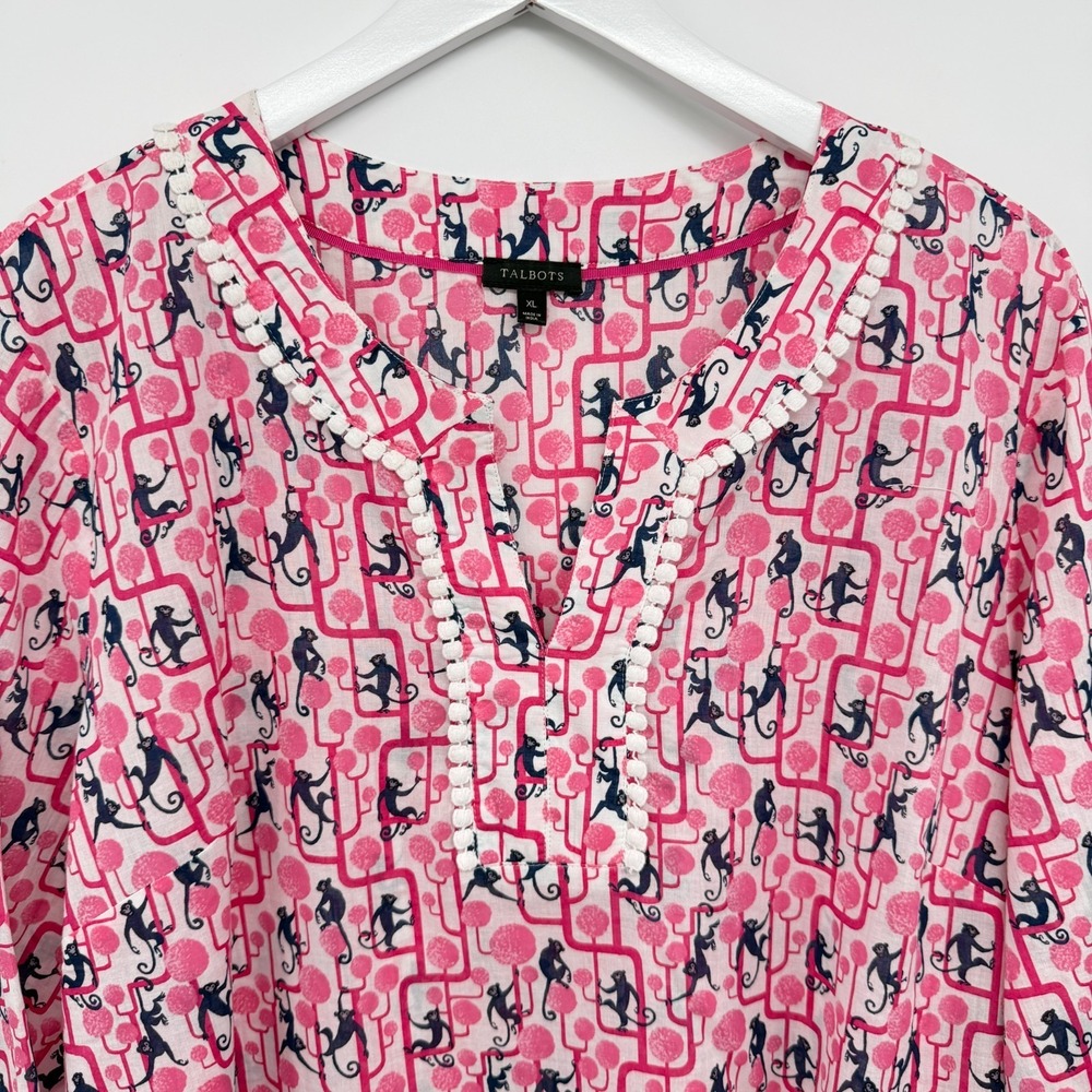 Talbots Top Shirt Blouse Size XL Monkeys 3/4 Sleeve Cotton Popover Resort New - Picture 4 of 13